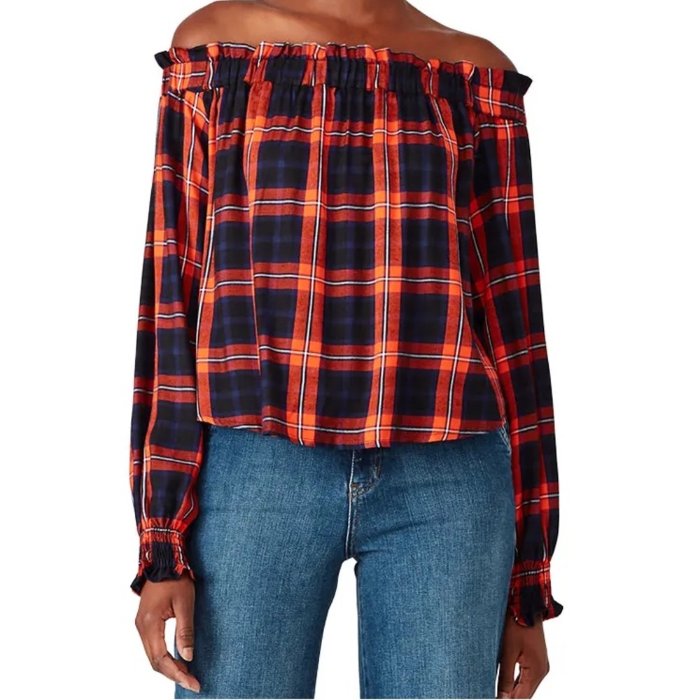 Sanctuary Navy and Orange Plaid Off Shoulder Top